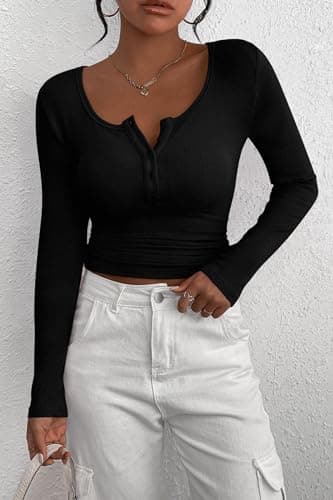 PRETTYGARDEN Women's 2026 Fall Long Sleeve Henley T Shirts Button Ribbed Knit Slim Fit Basic Tops Blouse Casual Outfits (Black,Large) — view 6