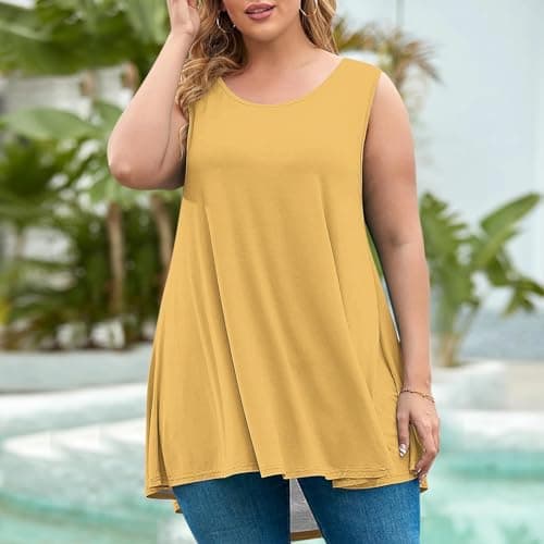 Womens Plus Size Tunic Tops Loose Fit Summer Casual Shirts Sleeveless Crewneck Flowy Blouses Wide Strap Camisole Yellow