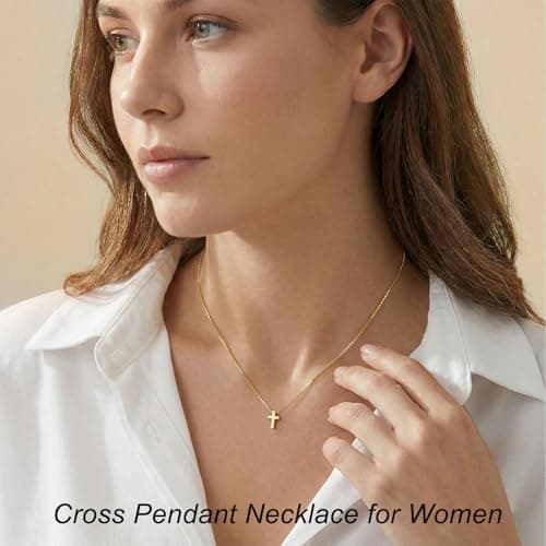 Poxtex Gold Cross Necklace for Women Teen Girls Dainty Cute 14K Gold Plated Small Cross Pendant Trendy Jewelry Non Tarnish Waterproof Simple Necklace Religious Christian Baptism Jesus Faith Gifts