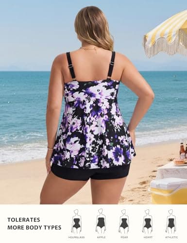 Hanna Nikole Women Plus Size Tankini Swimsuit, Two Piece Bathing Suits with Shorts, 2026 Flowy Swimwear Purple White Flowers 24W — view 3