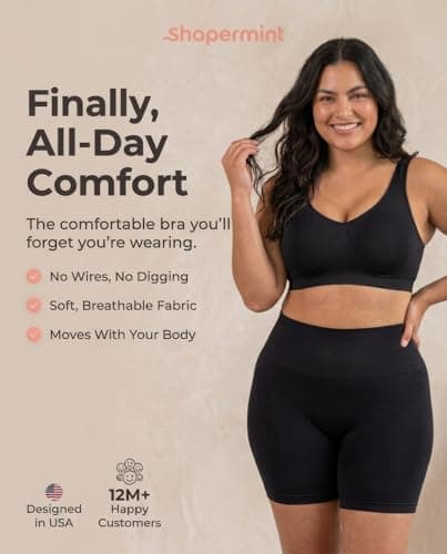 SHAPERMINT Wireless Bras for Women - Seamless Bralette with Full Support & Adjustable Straps, Plus Size Comfort Bra, No Underwire Wirefree Womens Bra for Full Coverage Black