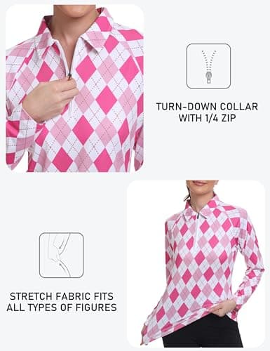 MoFiz Women's Golf Polo Shirt UPF 50+ Sun Protection Long Sleeve T-Shirt 1/4 Zip Pullover Athletic Hiking Runing Tops Pink Argyle XL — view 4