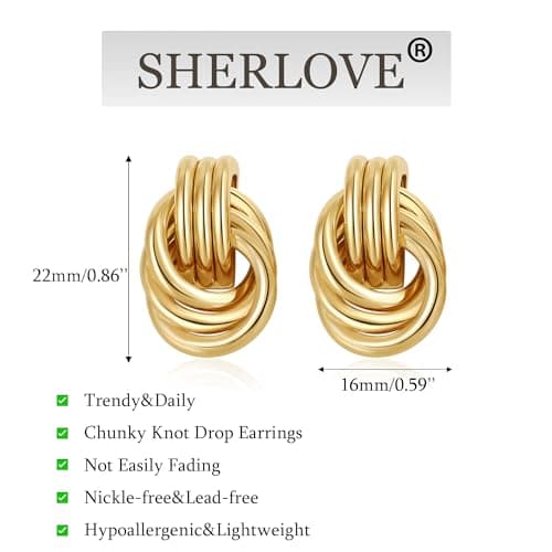 SHERLOVE Chunky Gold Earrings Women Statement Drop Dangle Knot Earrings — view 3