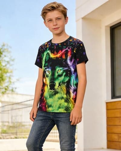 Rynzola Boys 3D Print T-Shirts Girls Summer Colorful Design Graphic Tee Kids Crewneck Short Sleeve Causal Tops（Wolf,6-7T） — view 3