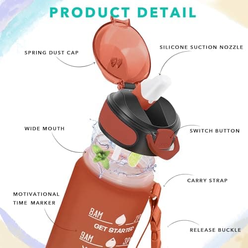 Enerbone 32 oz Drinking Water Bottle with Times to Drink and Straw, Motivational with Carrying Strap, Leakproof BPA & Toxic Free, Ensure You Drink Enough Water for Fitness Gym Outdoor — view 2