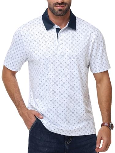 JHMORP Men's Golf Shirts Short Sleeve Polo Shirt Moisture Wicking Quick Dry Performance Sports T-Shirts (White Golf Clubs,CA L)