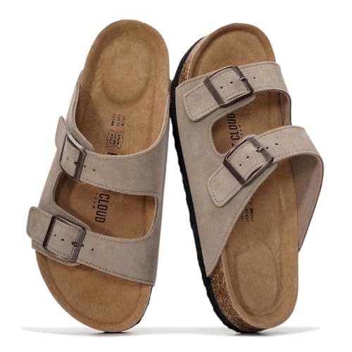 Project Cloud 100% Genuine Leather Flat Sandals For Women 2026 Cork Footbed Womens Sandals with Memory Foam and arch support Vacation Essentials Slides for Women Footwear (Venita, taupsu, 8)