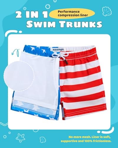 maamgic Boys Swim Trunks with Compression Liner Toddler Stretch Swim Shorts Quick Dry Swimming Trunks Boxer Brief 2 in 1 Beach Shorts American Flag 2T — view 2