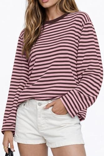 CHYRII Women Oversized Striped Long Sleeve T Shirts Fashion Casual Fall Spring 2026 Y2K Tops (Pink+Coffee M) — view 2