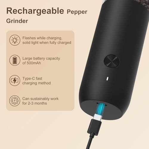 Ultrean Pepper Grinder, Rechargeable Salt and Pepper Grinder with 6 Adjustable Coarseness, LED Light, Automatic Grinder for Kitchen, Home and Kitchen Appliances Birthday Gifts for Women, Black — view 3