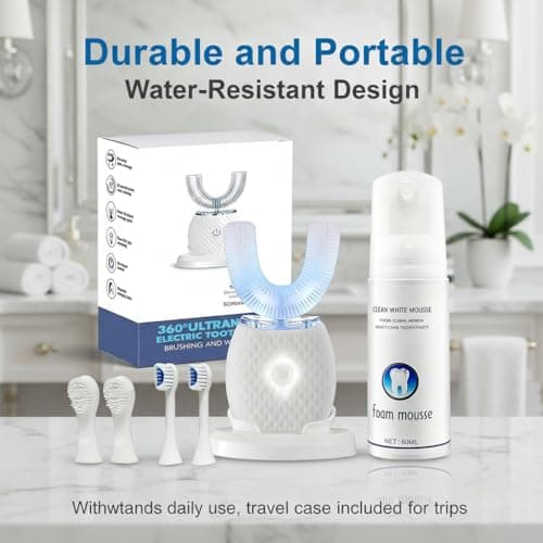 360° Ultrasonic U-Shaped Electric Toothbrush – Hands-Free Auto Cleaning with Foam Mousse, 4 Brush Heads, LED Light & Charging Base for Adults (White) — view 3