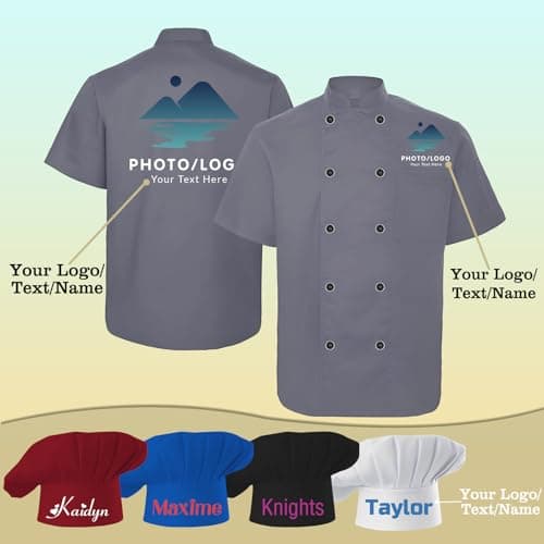 Custom Men Chef Coat Personalized Chef Jacket with Name Logo Text Customized Chef Uniform Work Shirt with Hat Kitchen Restaurant Bakery — view 4