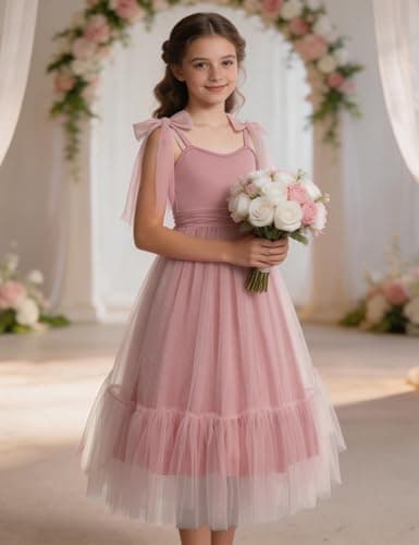 Arshiner Girls Dresses Summer Sleeveless Bow-Tie Straps Birthday Party Long Tulle Dress Pink Kids 7-8 Years — view 2
