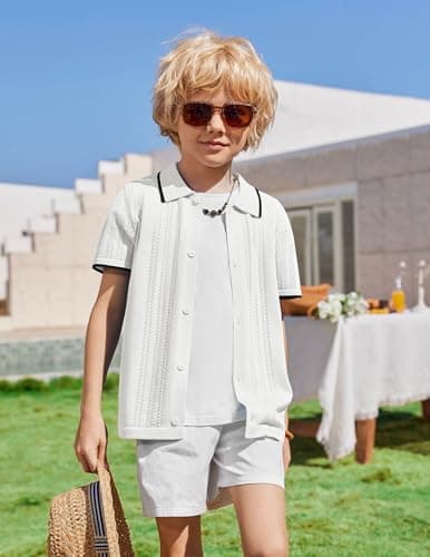 Arshiner Boys Button Down Shirt Short Sleeve Knit Shirt Summer Vintage Fashion Casual Beach Shirts for Kids 3-14 Years White