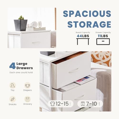 DUMOS Nightstand Bedside Table with 4 Drawers, Removable Fabric Bins with Steel Frame Wood Top, Organizer Furniture for Bedroom Closet Living Room, Chalky — view 3