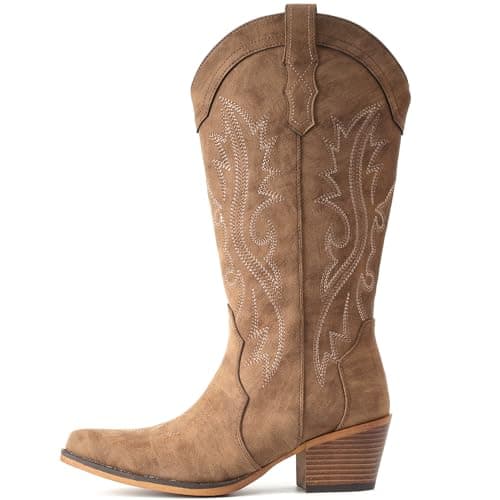 IUV Cowboy Boots For Women Western Cowgirl Boots with Chunky Heel Mid Calf Snip Toe Ideal for low insteps — view 4