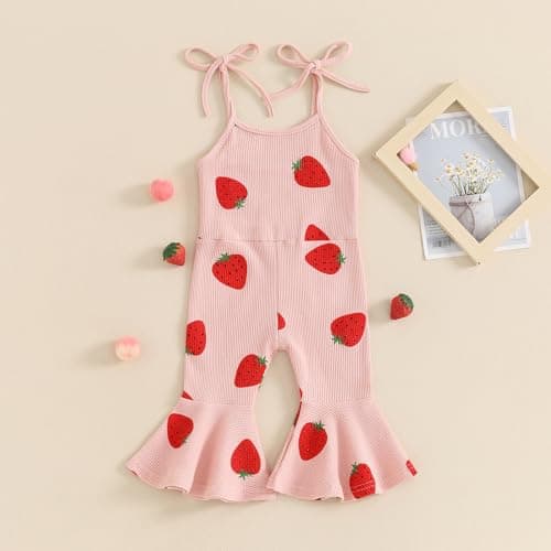 Toddler Baby Girl Romper Overalls Outfit Plaid Jumpsuit Floral Strawberry Birthday Flare Pants Summer Clothes (B5 Strawberry Pink, 12-18 Months)