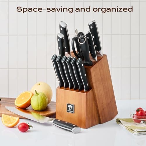 14 PCS Knife Set with Oak Wood Block,High Carbon Stainless Steel Kitchen Knife Set with Chef Knife, Santoku, Bread, Paring,Steak Knives, Kitchen Shears Sharp Knife Block Set with Sharpener — view 4