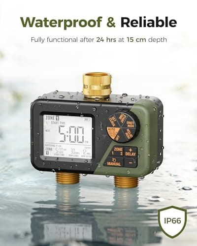 Diivoo Brass Sprinkler Timer 2 Zone, IP66 Waterproof Programmable Water Hose Timer 2 Outlet with Large Display, Rain Delay & Manual Watering for Outdoor Automatic Irrigation of Garden, Lawn, Yard — view 5