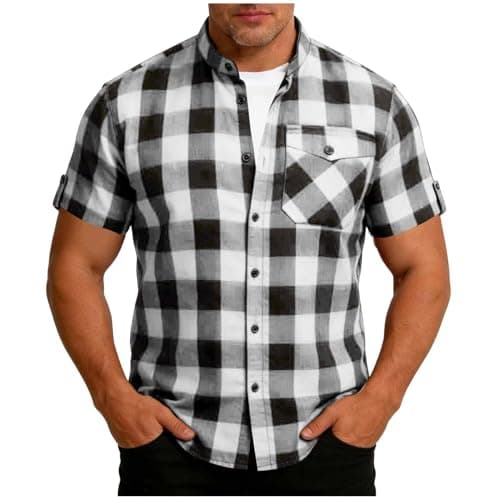 Men's Casual Short Sleeve Button Down Shirt, Checkered Pattern Stand Collar Top with Chest Pockets for Summer Wear Black
