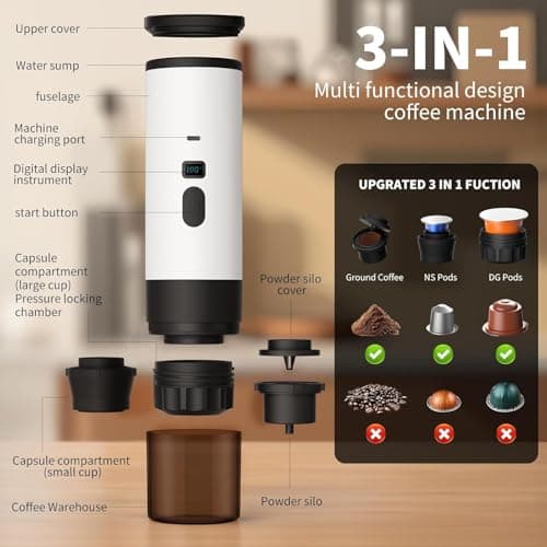 3-in-1 Portable Coffee Maker, 15 Bar Portable Espresso Machine with LED Display and 90ml Sink, Compatible with Ground Coffee & Capsules(Ns&DG) for RV, Hiking, Office, Auto-Heating, USB-C (White) — view 6