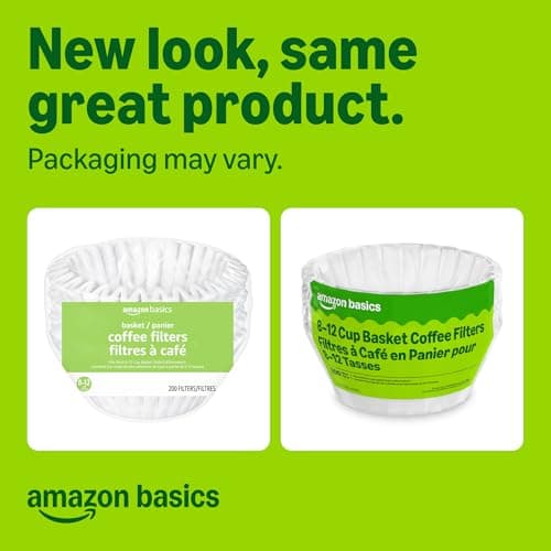 Amazon Basics Basket Coffee Filters for 8-12 Cup Coffee Makers, White, 200 Count, Packaging May Vary