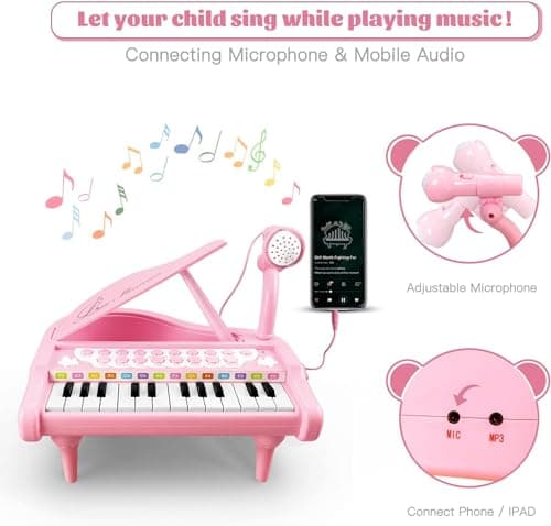 Love&Mini Piano Keyboard Toy for Girls - 24 Keys Toddler Music Toy Instrument with Microphone, Pink Piano Toy for 3+ Years Old Girls Birthday Gift — view 2
