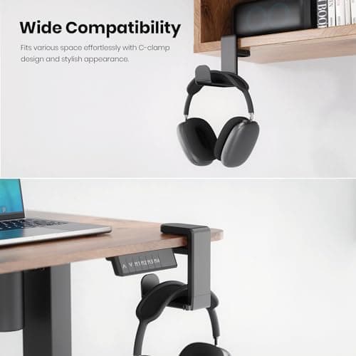 3in1 Rotating Headphone Holder - EURPMASK 3in1 PC Gaming Headset Holder w/Detachable Controller Holder, Adjustable Clamp-on Headset Stand,Headphone Hanger Hook Under Desk w/Cable Clip Organizer,Black — view 3
