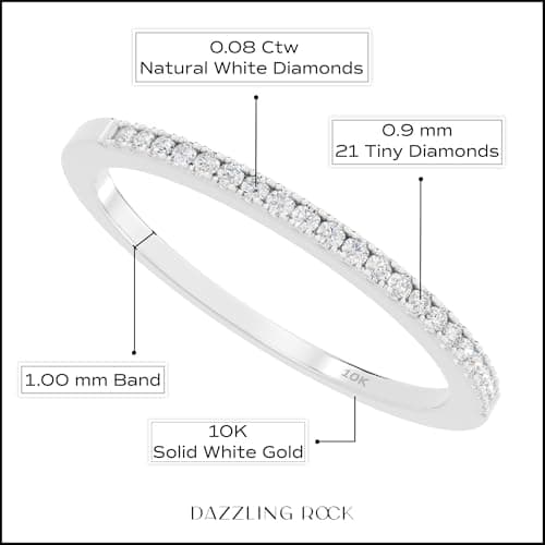 Dazzlingrock Collection 0.08 Cttw Womens Diamond Wedding Band - Real Round Natural White Diamond Minimalist Thin Stackable Ring for Her in 10K Solid White Gold, Size 5 — view 3