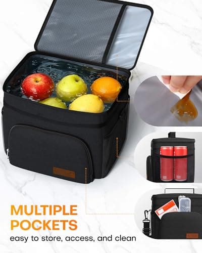 HOTOR Insulated Lunch Box for Men & Women - Leak-Proof Cooler Lunch Bag with 4 Pockets, Adjustable Strap, Ideal for Work, Picnic, Travel - Medium, Black, 10.2"×6.9"×8.5" — view 5