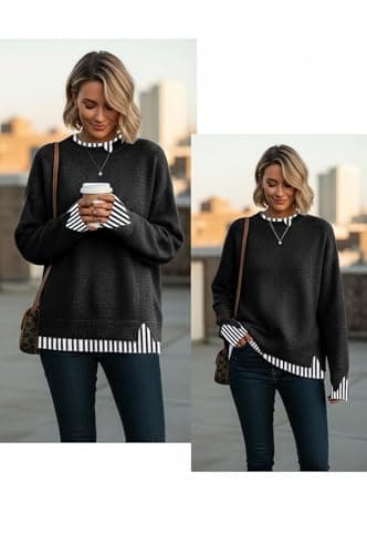 Disamer Womens Sweaters Fall Clothes Fashion 2026 Cowboy Chic Knit Cozy Sweater School Teacher Outfits Long Sleeve Pullover,Striped Black,Medium — view 2