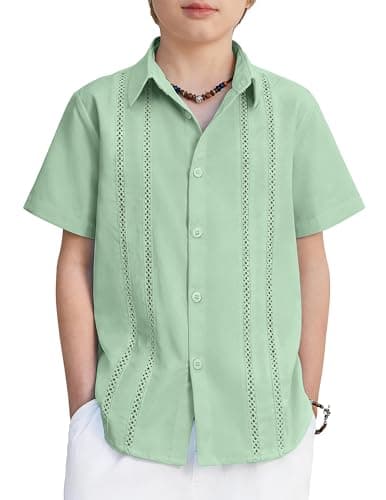 Arshiner Boys Button Down Shirt Short Sleeve Knit Shirt Summer Vintage Fashion Casual Beach Shirts for Kids 4-12 Years Light Green