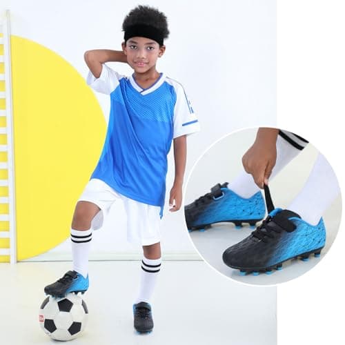 brooman Kids Firm Ground Soccer Cleats Girls Boys Athletic Football Shoes (1 JA,Black Blue) — view 2
