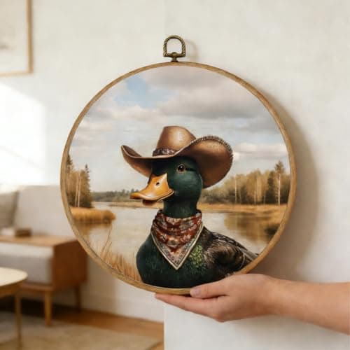 PRESSINART Cowboy Duck Decor 10 x 10 Inch Duck Framed Art Vintage Western Animal Round Wall Decor Linen Hanging Canvas Artwork for Gallery Bedroom Bathroom Living Room Farmhouse Office Home Kitchen — view 2