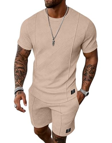 UOUA Mens Short Sets 2 Piece Summer Outfits Casual Short Sleeve Crew-Neck Shirts & Shorts Track Suit Jogging Loungewear, Khaki M