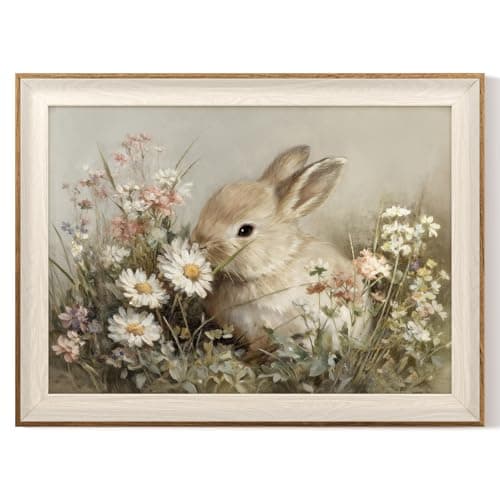 VIYYIEA Easter Vintage Bunny Framed Wall Art, Spring Floral Canvas Decor, Rabbit Painting for Holiday Home Decor, Cute Animal Print for Nursery Living Room and Seasonal Gifting, 12x16 Inch