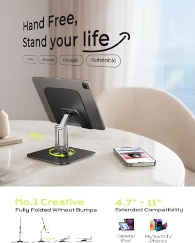 LISEN for iPad Stand Holder 360° Tablet Stand for Desk, Portable Monitor Stand Tablet Holder Metal iPad Pro Holder Essentials for Tablets/Portable Monitor/PS/Switch 4"-12.9“ Black (Black)