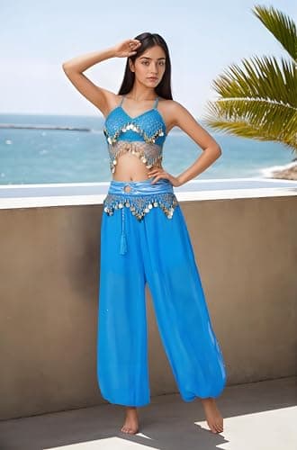 Women Belly Dance Carnival Costume Pants Sequin Shiny Harem Yoga Pants Bloomers Arabic Halloween Trousers for Halloween, Turquoise, One Size — view 4