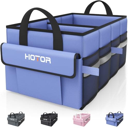 HOTOR Car Organizer, Foldable Trunk Organizer for SUV, Sedan & Van, Car Organization with Sturdy Base Panel, 2 Compartments, Blue, 21.3"×12.6"×10.6"
