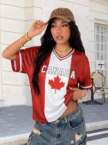 SUPEYA Canada Day Shirt Women Soccer Cup 2026 Soccer Shirt Canada Jersey Y2k V Neck Short Sleeve Shirt Patriotic Tee Tops Red — view 4