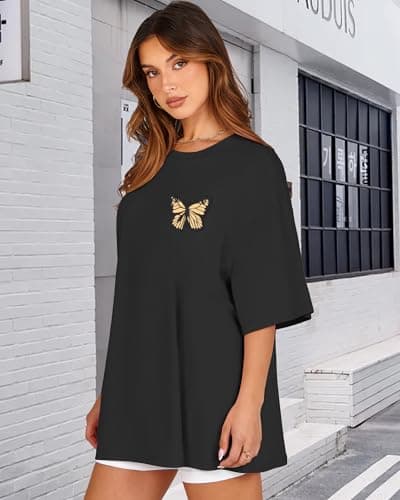 ADOREJOY Womens Oversized T-Shirt Summer Short Sleeve Tops Casual Boyfriend Shirt Loose Fit Tees(Aa Black Brown Butterfly,2XL) — view 5
