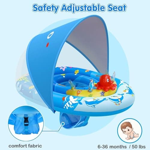 EZIGO Baby Pool Float with Canopy UPF50+ Sun Protection, Inflatable Kids Pool Float with Ocean Animal Toys for Babies 6-36 Months, Infant Swimming Float with Adjustable Safety Seat for Boys Girls — view 3