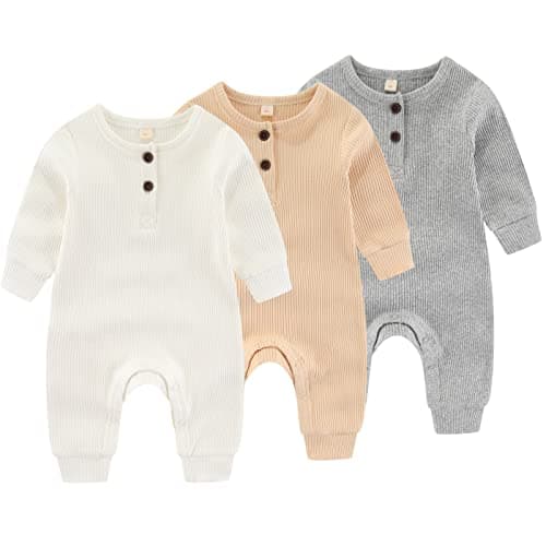 Newborn Baby Boys Girls One Piece Romper With Mitten Cuffs 3 Pack Long Sleeve Ribbed Button Jumpsuit Outfit Clothes white+apricot+gray 3 months