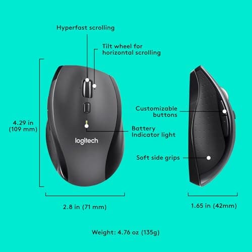 Logitech M705 Marathon Wireless Mouse, Gaming Mouse Wireless, 2.4 GHz USB-A Receiver, 5-Programmable Buttons, 3-Year Battery, PC, Mac, Laptop, Chromebook - Black — view 5