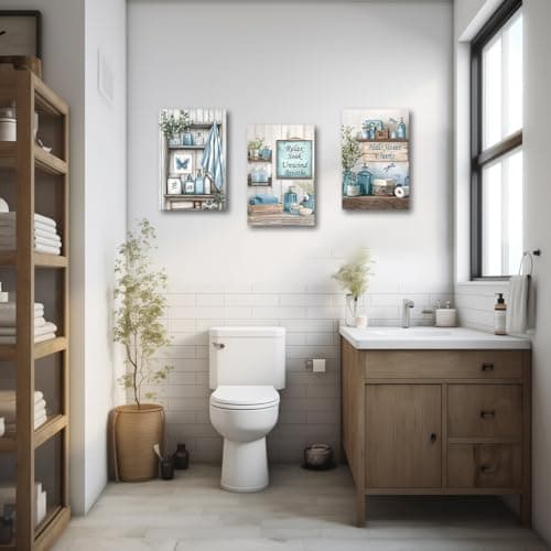 CXHOSTENT 3Pcs Blue Bathroom Wall Art Decor Rustic Bathroom Picture Quotes Sign Canvas Prints Farmhouse Toilet Paintings for Washroom Decor Framed (Blue, 11x14inchx3 Pieces) — view 3