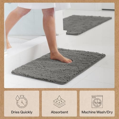 GORILLA GRIP Bath Mat, Thick Soft Absorbent Chenille Floor Mats, Rubber Backing Bathmat, Quick Dry Rug, Machine Washable Rugs for Shower and Tub Floors, Bathroom Accessories Decor, 61x43 cm Charcoal — view 6