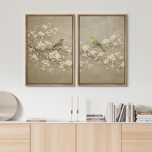 SIGNWIN Framed Canvas Print Wall Art Set Spring Birds on Blossoming Branches in Neutral Tones Illustration Modern Art Minimalism Decorative for Living Room, Bedroom, Office - 16"x24"x2 Natural — view 2