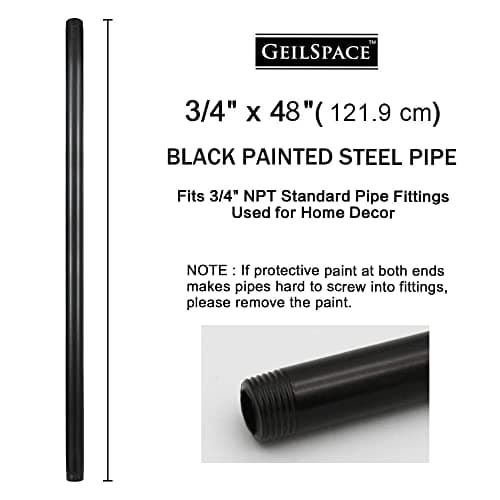 GeilSpace 6 Pack 3/4" Pre-Cut Black Metal Pipe, Industrial Steel Fits Standard Three Quarters Inch Black Threaded Pipes and Fittings - Vintage DIY Industrial Shelving (3/4" × 48", Black)