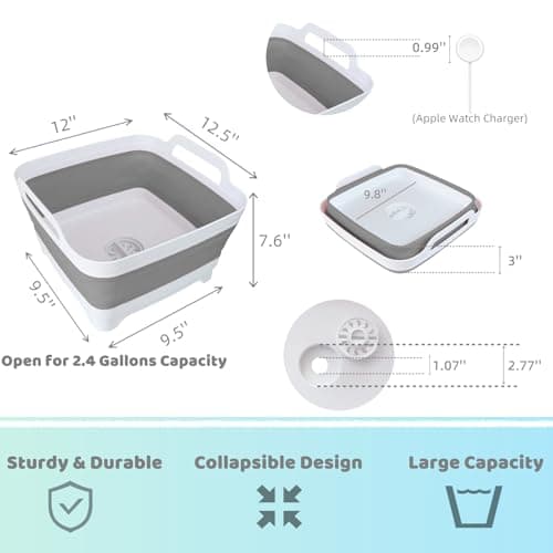GIMWA Collapsible Wash Basin with Drain Plug - 2.4 Gallon Foldable Kitchen Sink for Baby Bottles, RV Camping, Space-Saving Dish Tub (Gray)