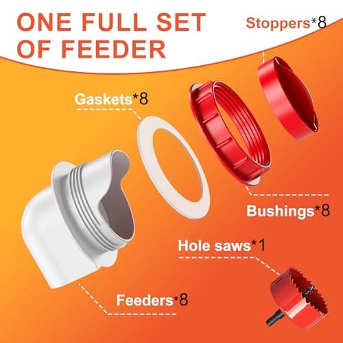 ZenxyHoC Chicken Feeders No Waste, DIY Automatic Poultry Feeder 8 Ports 1 Hole Saw with Covers Gravity Feed Kit for Buckets Barrels Bins Troughs — view 4